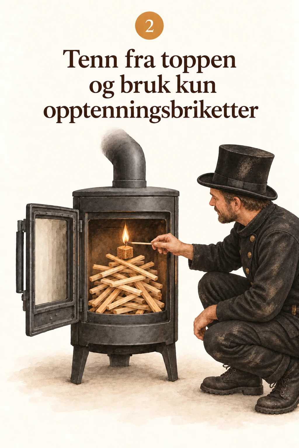 Illustrert veiledning om å tenne veden fra toppen med opptenningsbriketter.